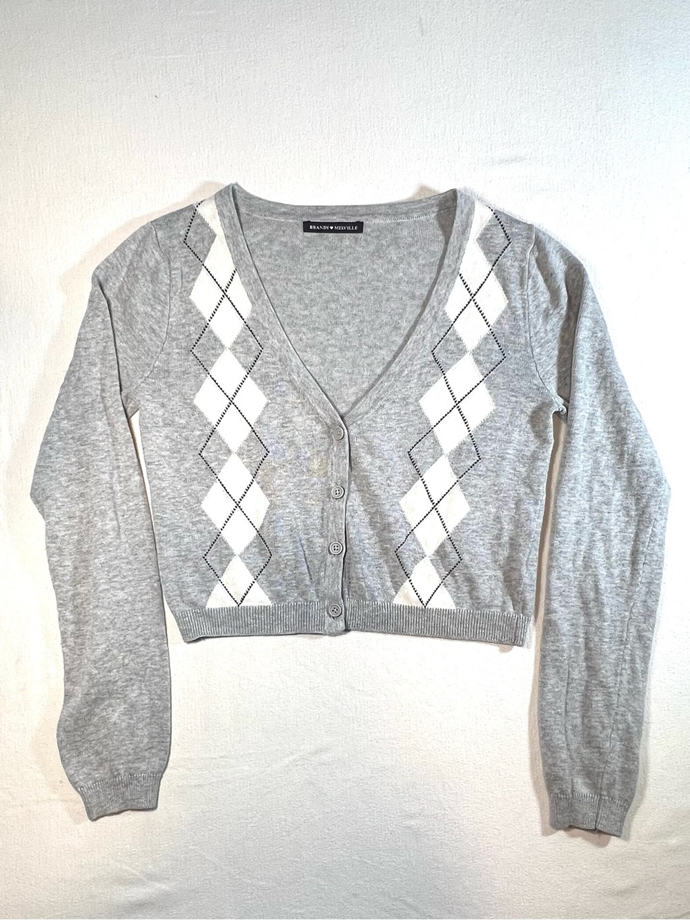 Brandy Melville Gray and White Argyle Cropped Cardigan